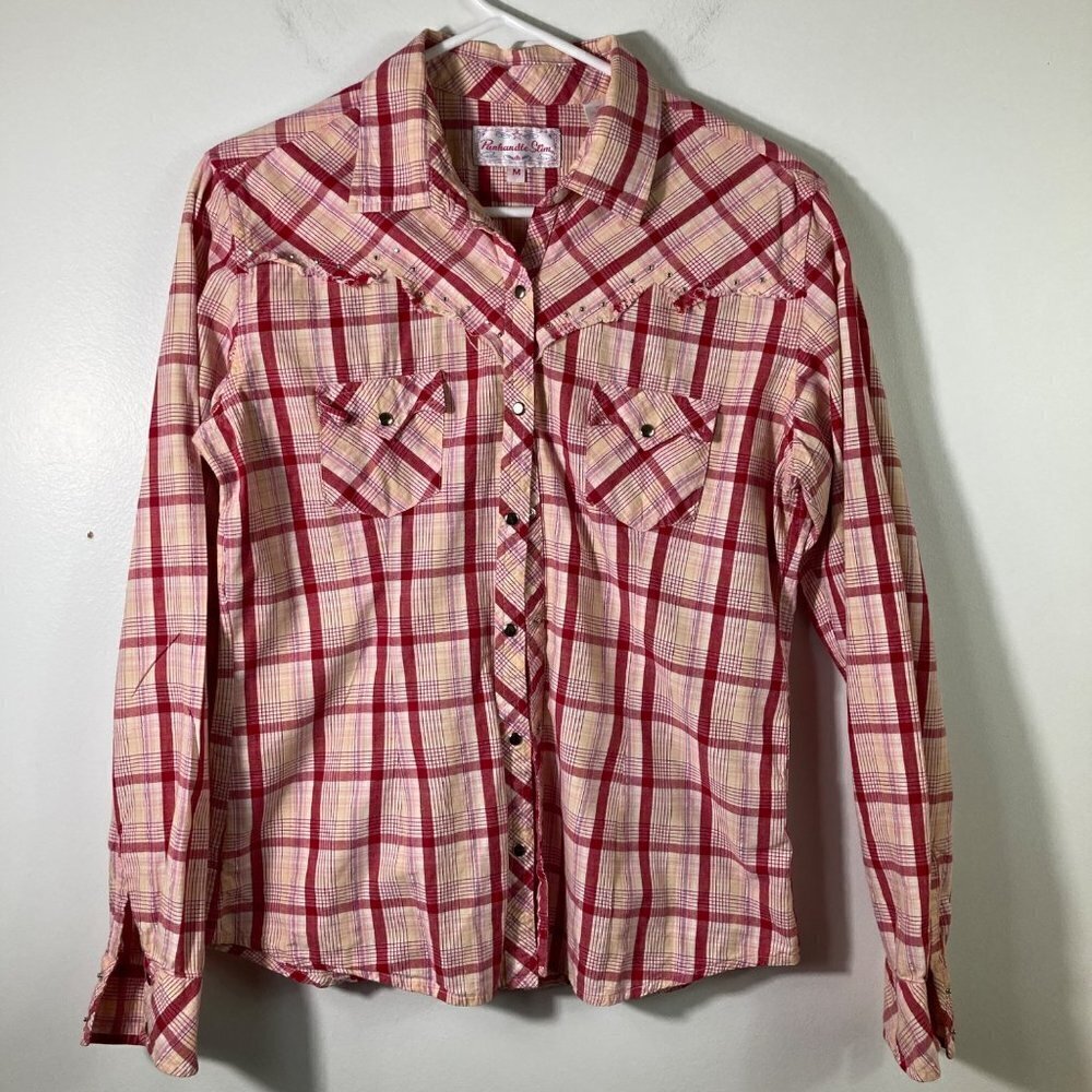 Womens Panhandle Slim Western Pearl Snap Shirt Fray Stud Details Red Silver Plai